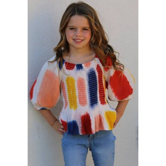 Colorful Smocked Puff Sleeve Top For Girls Large - Picture 1 of 1
